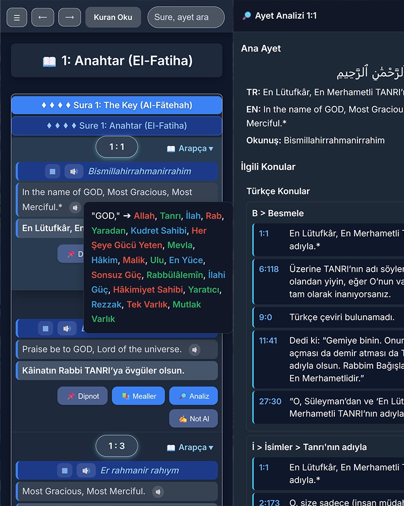 Kuranteyit QUR'AN research software interface