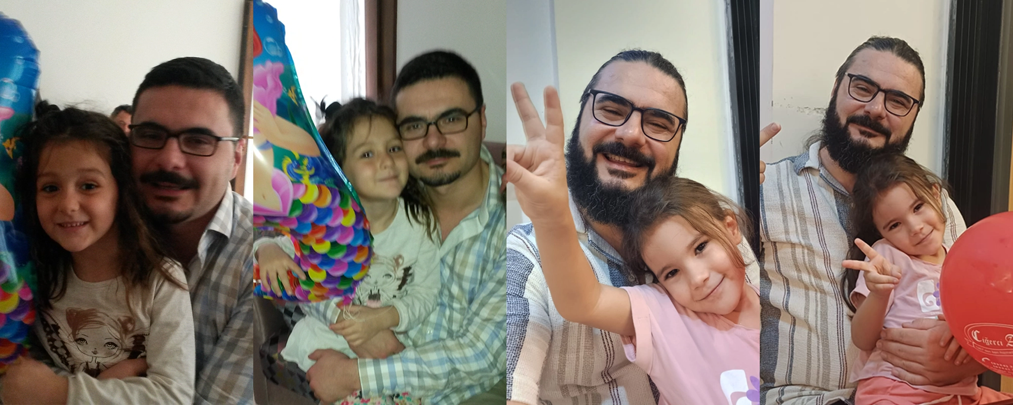 Berk Köksal with his daughters in family photographs from different years